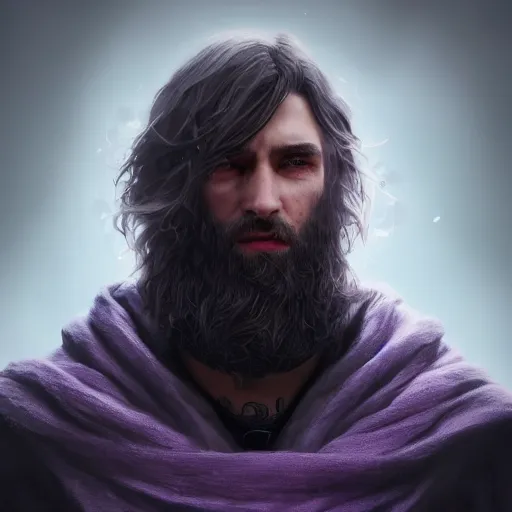 Image similar to a highly detailed portrait of a man without a beard, purple eyes, light gray long hair, wearing a black cloak, artstation, DeviantArt, professional, octane render