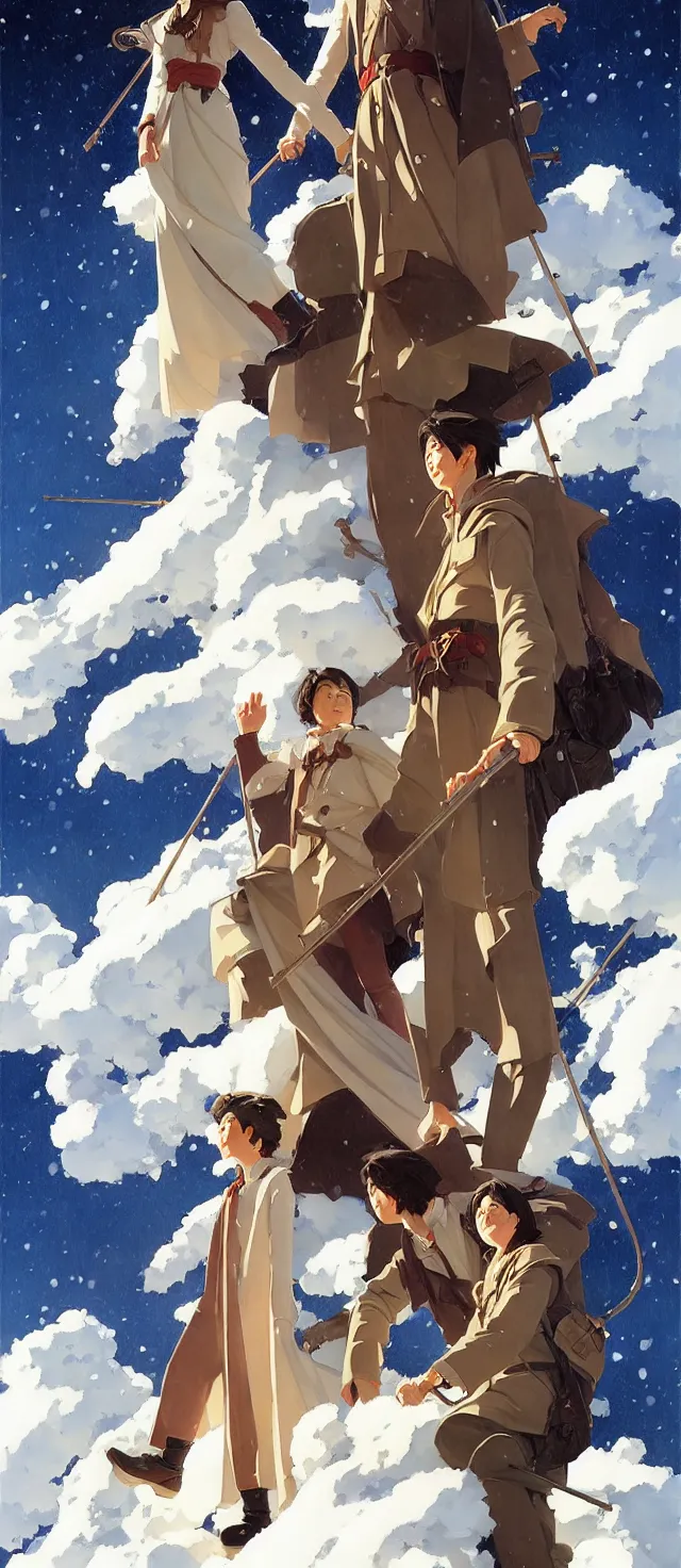 Image similar to stairway to heaven, winter, in the style of studio ghibli, j. c. leyendecker, greg rutkowski, artem