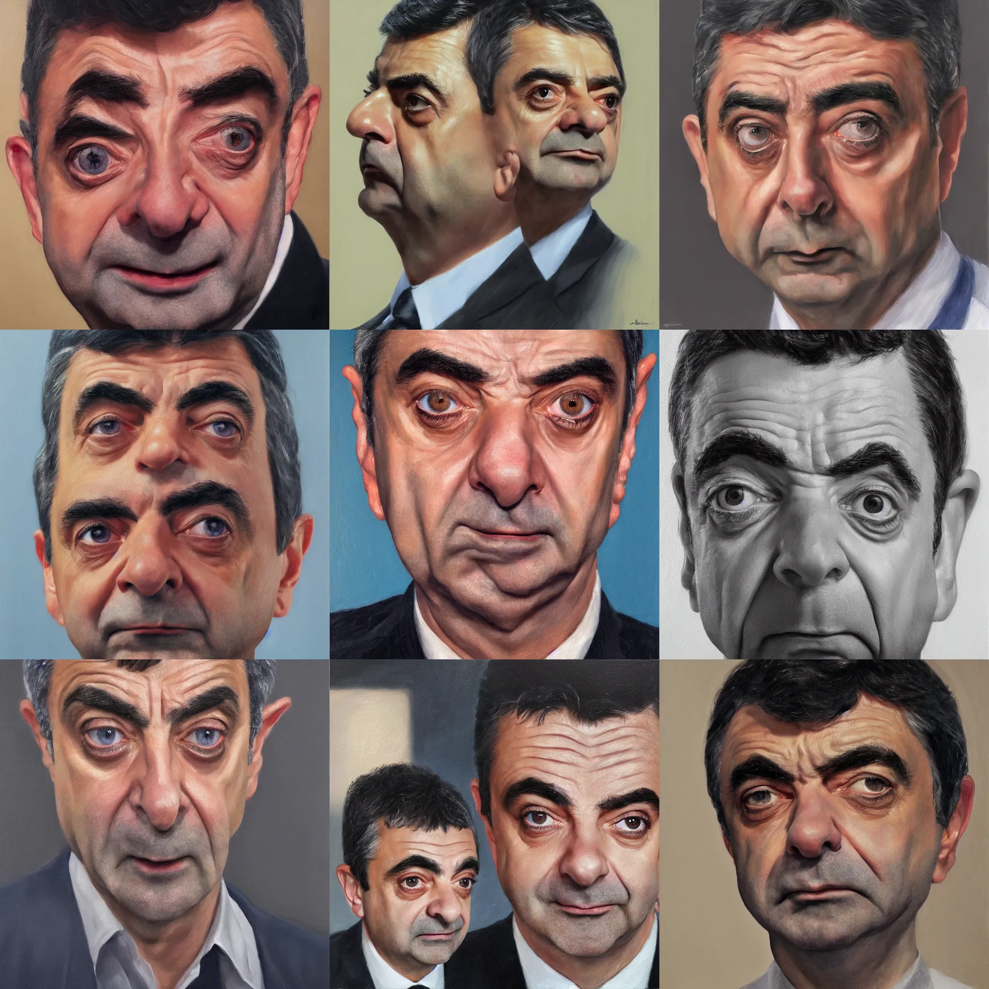 Prompt: hyperrealistic portrait of rowan atkinson, face, award winning lighting and composition, oil painting