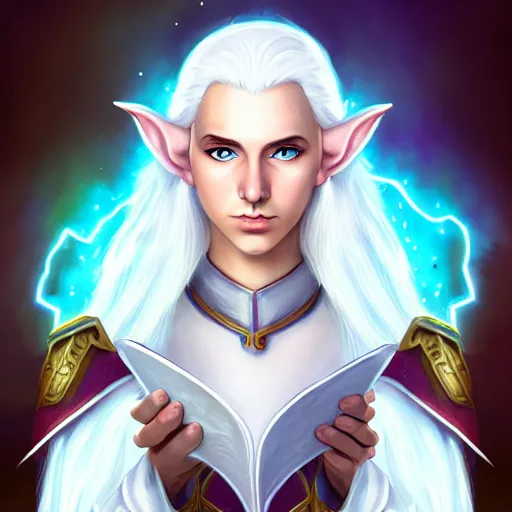 Image similar to Beautiful white haired aged fair skinned scholar elf with spell scroll and lightning background, full body, symmetrical, realism, digital painting, detailed artwork, portrait, mythical, artstation