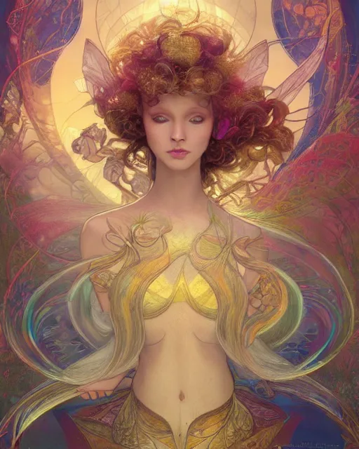 Prompt: the most wonderful fairy dream you ever had, coherent design, symmetry, concept art, trending on artstation vivid color, complementary color, golden ratio, detailed, sharp lines, intricate, rainbowshift, by james gurney, by brian froud, by peter mohrbacher, by alphonse mucha, by maxfield parrish, by karol bak, deviantart, octane render