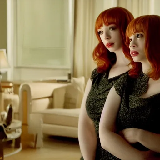 Image similar to a very surprised beautiful Christina Hendricks and her twin sister in the living room, film still from the movie directed by Denis Villeneuve with art direction by Salvador Dalí, wide lens