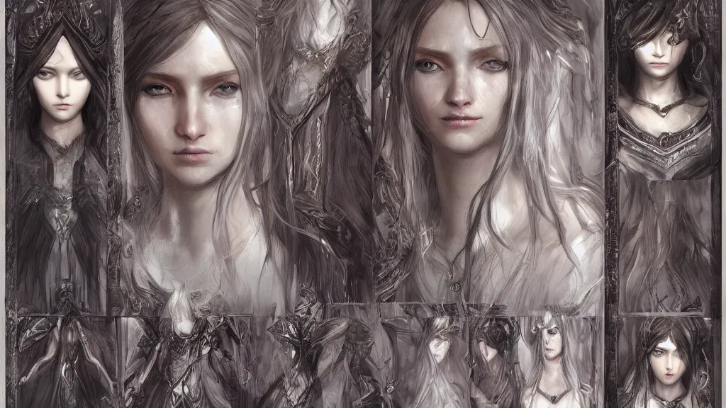 Image similar to concept art sheet, photorealistic symmetrical beautiful young female priestess with shiny hair wearing full intricate clothing, intricate, cg society, Elden Ring, darksouls, bloodborne