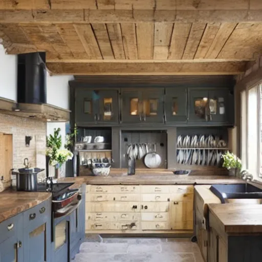 Prompt: modern rustic luxury bespoke kitchen design by Tom Howley