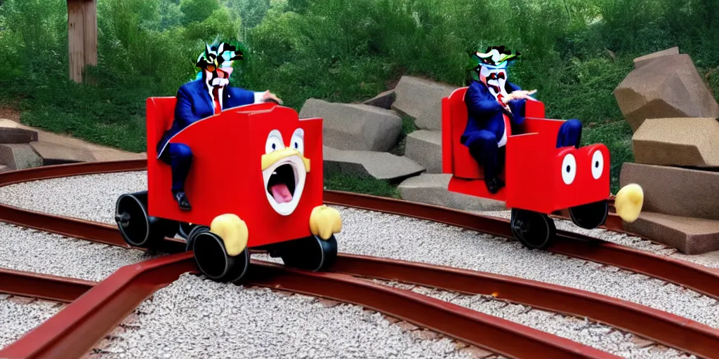 Image similar to Photo of Donald J. Trump tumbling off of a kiddy train into gravel, screaming, taken in Silver Dollar City 2020