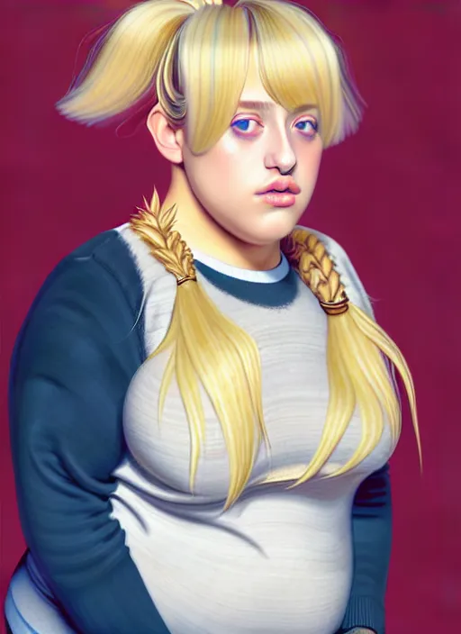 Image similar to full body portrait, teenage lili reinhart, blonde hair, obese, bangs, ponytail, sultry, realistic, sweater, fluffy bangs, fully clothed, curly bangs, fat, belly, intricate, elegant, highly detailed, digital painting, artstation, concept art, smooth, sharp focus, illustration, art by wlop, mars ravelo and greg rutkowski