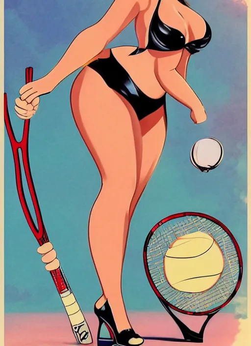 Prompt: a pin - up poster of peter griffin in the style of hajime sorayama, seductively playing tennis in a swimsuit