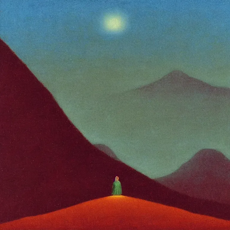 Image similar to a small figure staring at a giant mountain, bell curve, glowing, arkhip kuindzhi painting, teal palette, eschaton