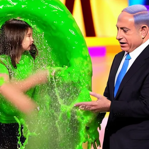 Prompt: benjamin netanyahu getting slimed at the kid's choice awards, sharp focus, highly detailed