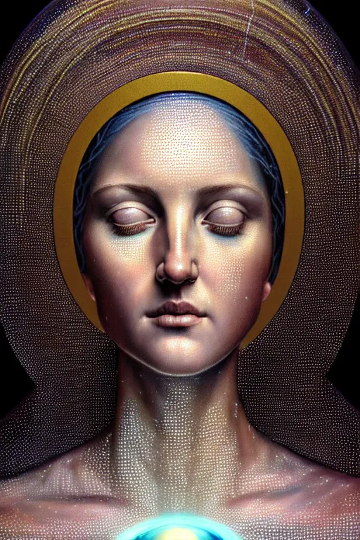 Image similar to hyperrealistic mixed media painting of Mother Mary, a halo about her head, full body, stunning 3d render inspired art by P. Craig Russell and Barry Windsor-Smith + perfect facial symmetry + dim volumetric lighting, 8k octane beautifully detailed render, post-processing, extremely hyperdetailed, intricate, epic composition, grim yet sparkling atmosphere, cinematic lighting + masterpiece, trending on artstation, very very detailed, masterpiece, stunning