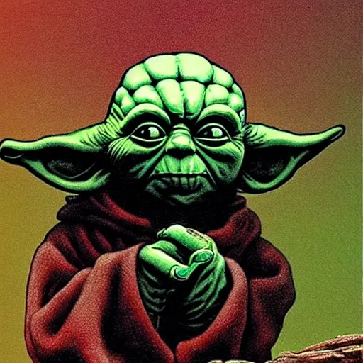 Prompt: yoda on a rock, fluid, smooth, organic, crazy, bright, colours, tumours, high contrast, sharpness, dramatic, very detailed, intricate, by giger and corben and moebius and beksinski and bosch and bacon