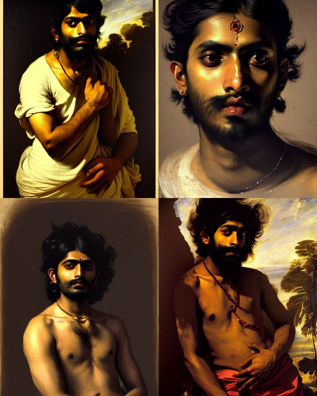 Prompt: a beautiful dramatic portrait of a spaced out indian stoner boy 2 5 years old, wearing a tshirt, by anthony van dyck, by caravaggio, by peter paul rubens, by greg rutkowski, trending on artstation, oil on canvas, masterpiece, cinematic composition, brilliant lights, hyper - detailed, sharp, no frames, 8 k