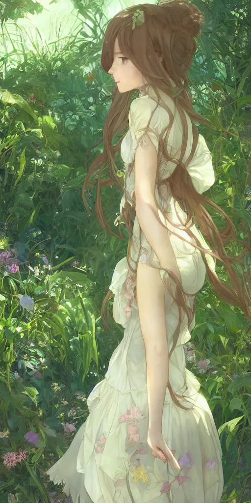 Image similar to a digital art of a loli with long hair in a dress in the privet garden at after noon, green and warm theme, back lighting, by krenz cushart and mucha and akihito yoshida and greg rutkowski and makoto shinkai, extremely long shot, detailed eyes, 4 k resolution, trending on art station