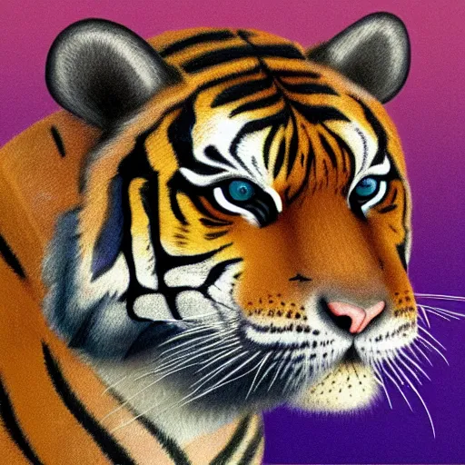 Image similar to “portrait of tiger in the style of metamask holding a laser gun, with a dark background behind him”