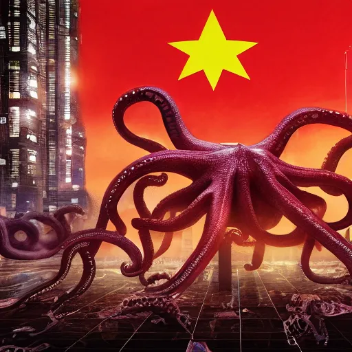 Image similar to Illustration of the Chinese communist party as a dirty octopus with lots of tentacles, dystopian, dirty, 3d shaded, cyberpunk, volumetric lighting, cgsociety, octane render, imax, highly detailed, 8k, hyperrealism