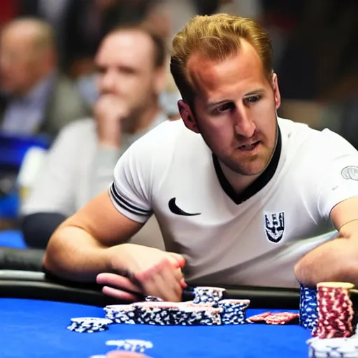 Image similar to promotional photo of harry kane playing greg raymer at a poker table, uhd, 8k, hyper detailed, wsop, poker,