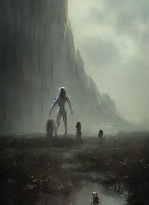 Image similar to a beautiful terrifying pale humanoid giant looms over a tiny human. ethereal fantasy art by greg rutkowski