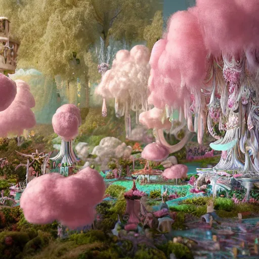 Image similar to cotton candy forrest by artem chebokha and aerroscape, intricate detail, finely detailed, small details, extra detail, photorealistic, high resolution, vray, hdr, hyper detailed, insane details, intricate, elite, ornate, elegant, luxury, dramatic lighting, octane render, weta digital, micro details, 3 d sculpture