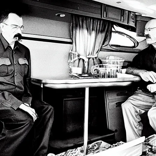 Prompt: still of walter white and stalin cooking meth, ziploc bags full of meth, interior of rv, b&w filter