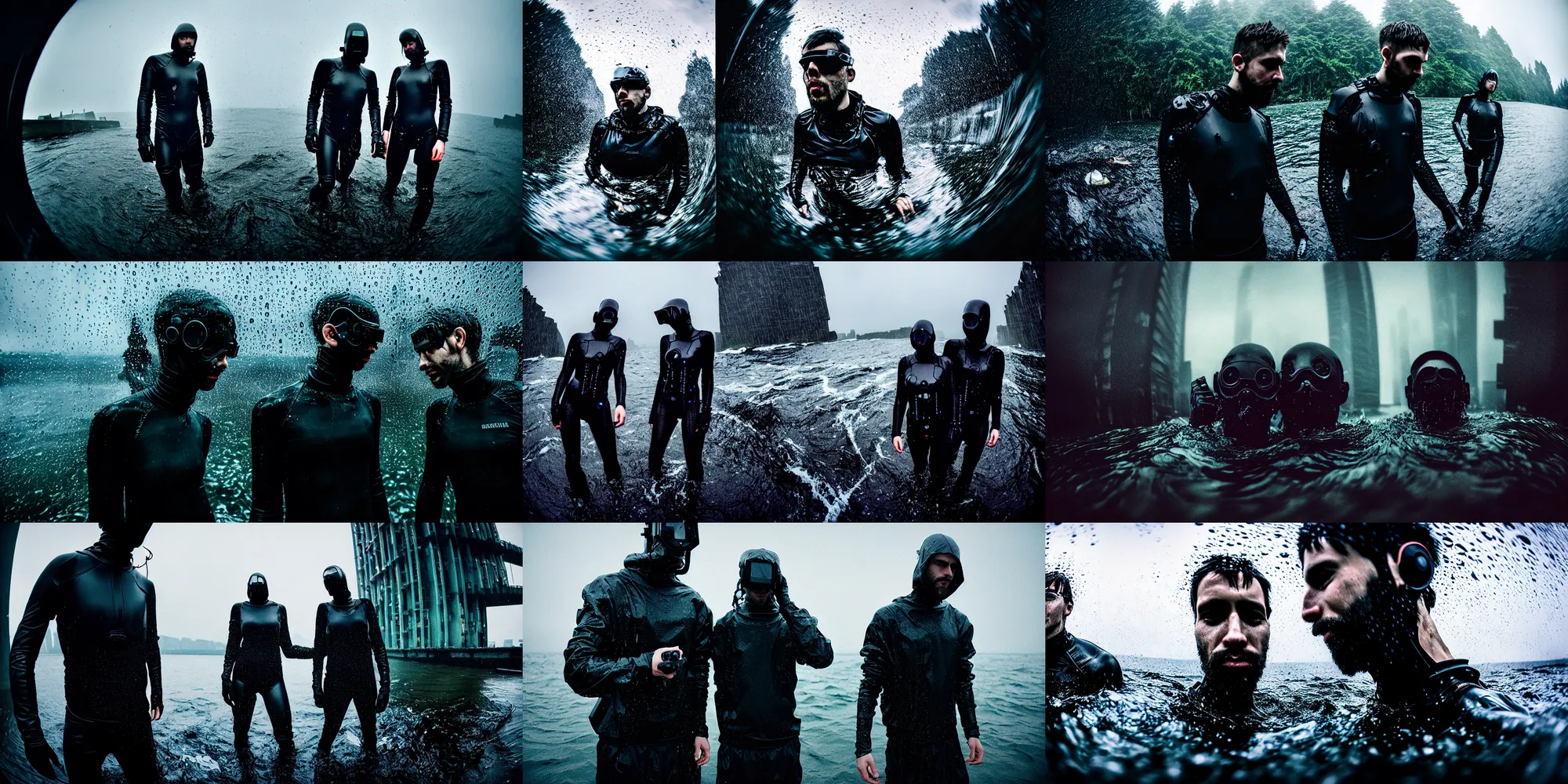 Prompt: cinestill hasselblad candid photographic portrait by robert capas of 2 cyborgs wearing rugged black mesh techwear in treacherous waters, extreme fisheye shot, bokeh, modern cyberpunk moody depressing cinematic, pouring rain, 8 k, hd, high resolution, 3 5 mm, f / 3 2, ultra realistic faces, ex machina