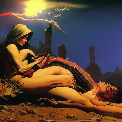 Image similar to journey of Bucolic gaze death wisdom Bedouin under crimson azure diamond sky, in the style of Frank Frazetta, Jeff Easley, Caravaggio, extremely clear and coherent, clear lines, 8K revolution