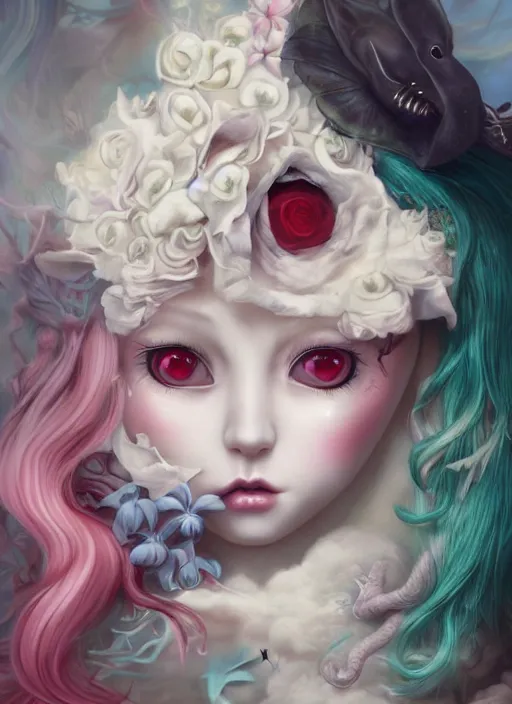 Prompt: ! dream pop surrealism, lowbrow art, realistic anime cute alice girl painting, japanese street fashion, hyper realism, muted colours, rococo, natalie shau, loreta lux, tom bagshaw, mark ryden, trevor brown style,
