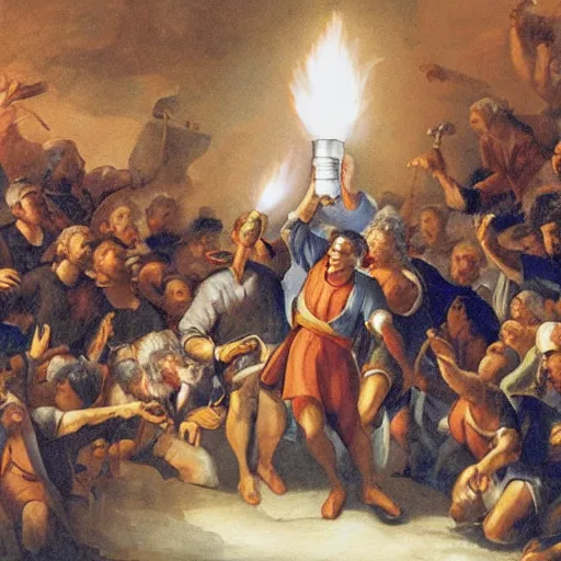 Image similar to a painting of Yair Lapid holding a torch and leading a crowd of people in the style of Michaelangelo