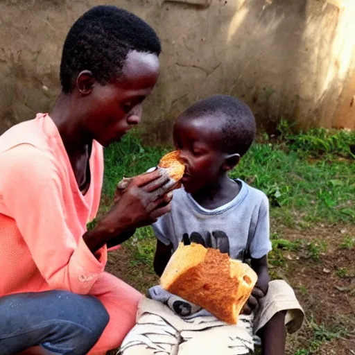 Image similar to photo of a malnourished ugandan boy sharing bread with a blond american