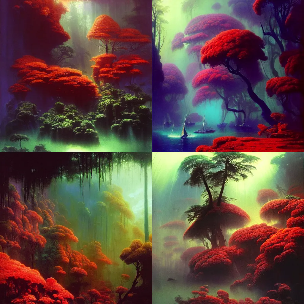 Prompt: An epic underwater tropical lush forest, by Wayne Barlowe, by Ivan Aivazovsky, by Bruce Pennington, by Paul Lehr, masterpiece, oil on canvas, trending on artstation, top on pixiv, cinematic composition, dramatic scene, beautiful aesthetic lighting, artgem, reds greens purples pinks orange colors, concept art, sharp, high details, hyper-detailed, astrophotography, no frames, 8K