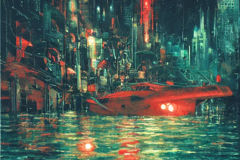 Image similar to river boats speeding between tree houses on flooded streets of new york painting, red and green palette, night lights, starry sky, by ( h. r. giger ) and paul lehr