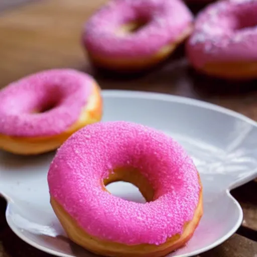 Prompt: A delicious pink donut on a plate in a log cabin