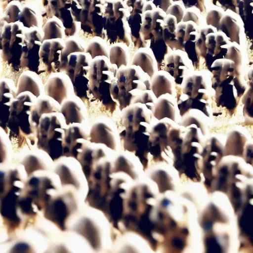 Prompt: an army of chickens with helmets marching with their guns