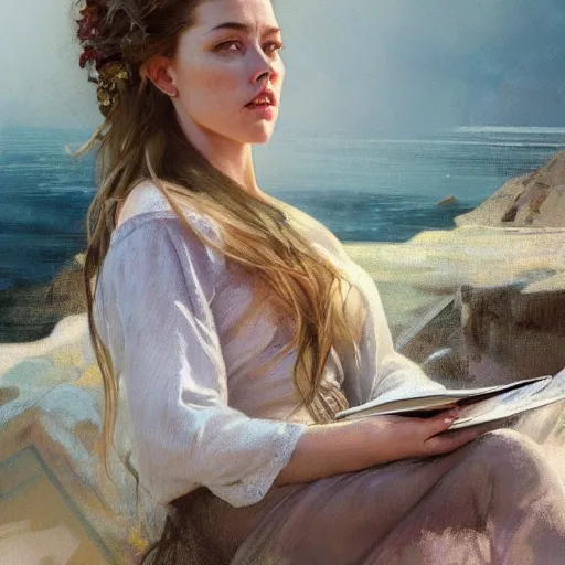 Image similar to hyperrealist portrait of a woman as amber heard reading a book atop a windy cliff by jeremy mann and alphonse mucha, fantasy art, photo realistic, dynamic lighting, artstation, poster, volumetric lighting, very detailed faces, 4 k, award winning