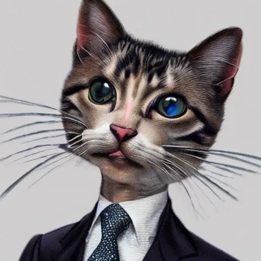 Prompt: a highly detailed portrait of an anthropomorphic kitty cat wearing a well tailored business suit and tie, 8 k, 4 k, highly detailed, sharp,