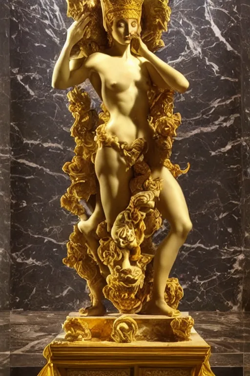 Image similar to marble sculpture depicting a woman programming the samsara holy cluster, dramatic light, concept art, stunning, visionary, mystical, hyper realistic, beautiful, wow, gilt metal, rich marbles, by gian lorenzo bernini, by brecht evens, by jean delville, in the style of francis bacon