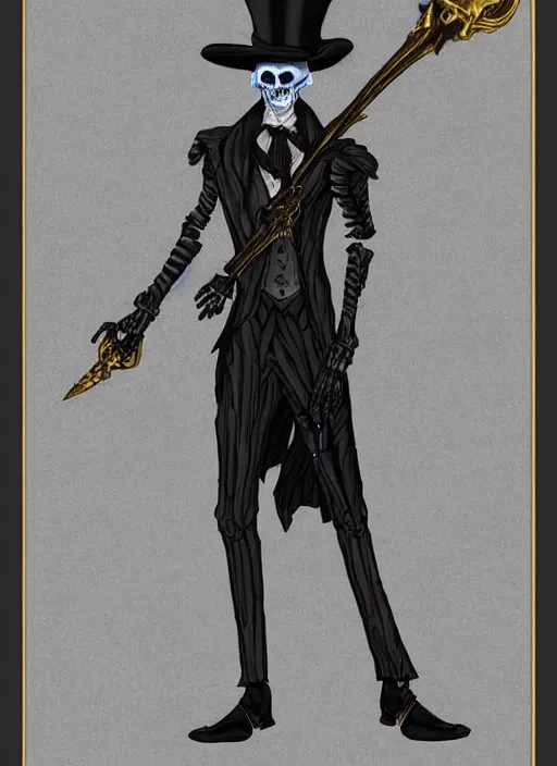 Image similar to DND character art, skeletal male figure, wearing a deep black suit!!! and tie and top hat, holding a gold! cane!. blue!!! flames!!