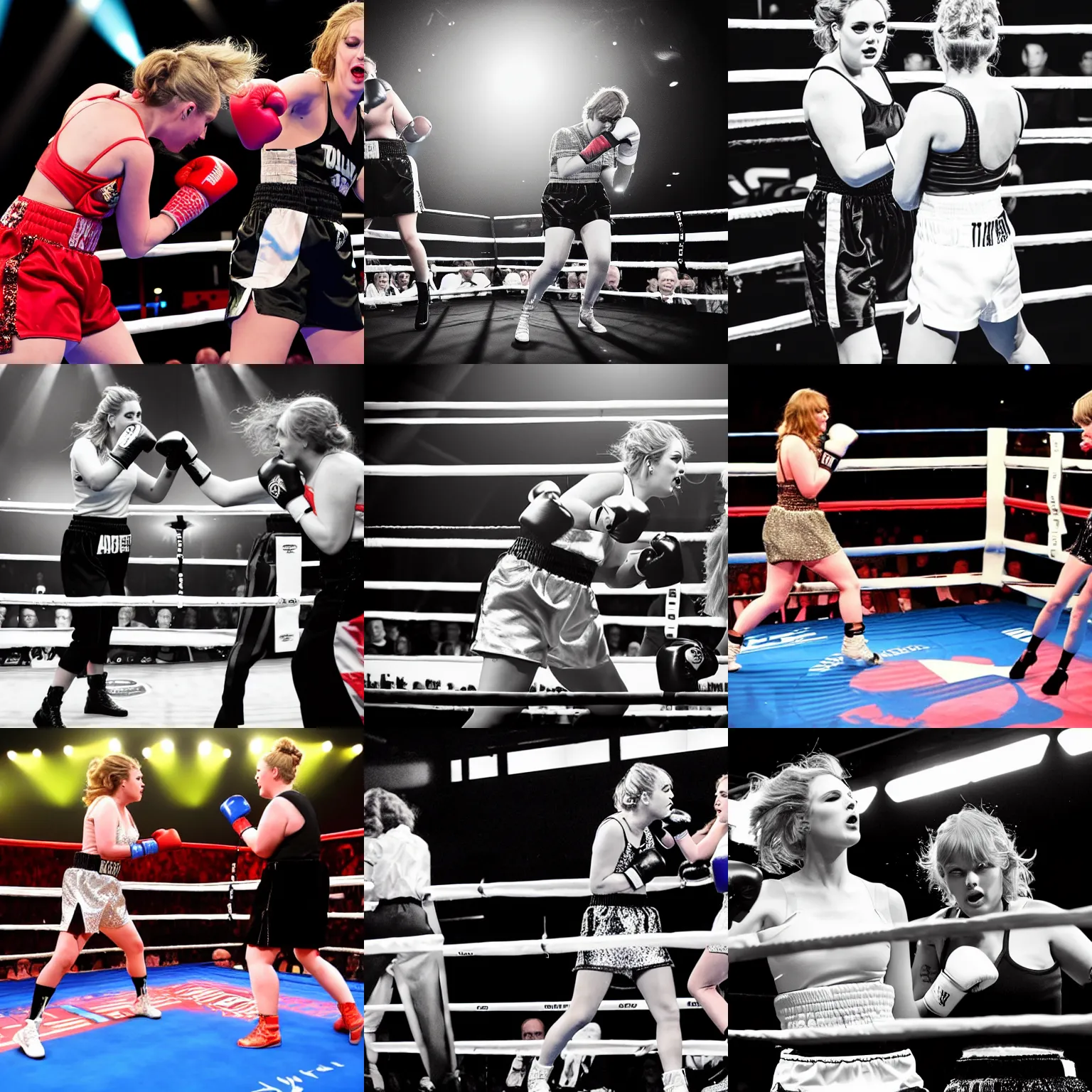 Prompt: Photograph of Adele and Taylor Swift in a boxing match, boxing Arena, bright lights, Sports photography