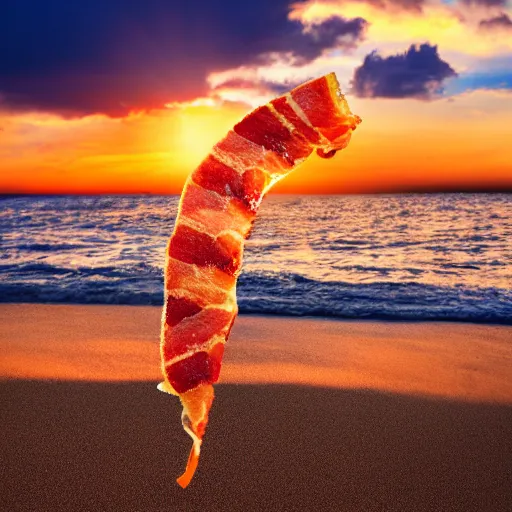 Image similar to a slice of bacon standing on the beach as the sun sets, civil twilight, backlit, photo realistic, 8 k