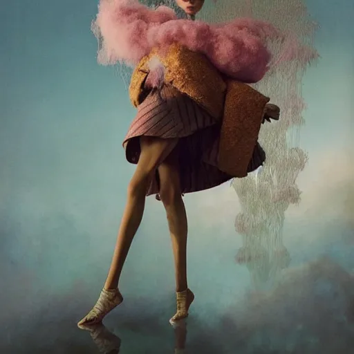 Image similar to a brown woman wearing a candy floss armor. super detailed. layered. textured. award winning. refracted lighting. fragile. by ray caesar. by louise dahl - wolfe, by andrea kowch. surreal photography.