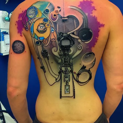 Image similar to backside on the shoulders is a tattoo of a 3 d hole in the skin with soft multicolored 3 d robotic mechanics and glowing computerparts and cables inside under the skin, insanely integrate,