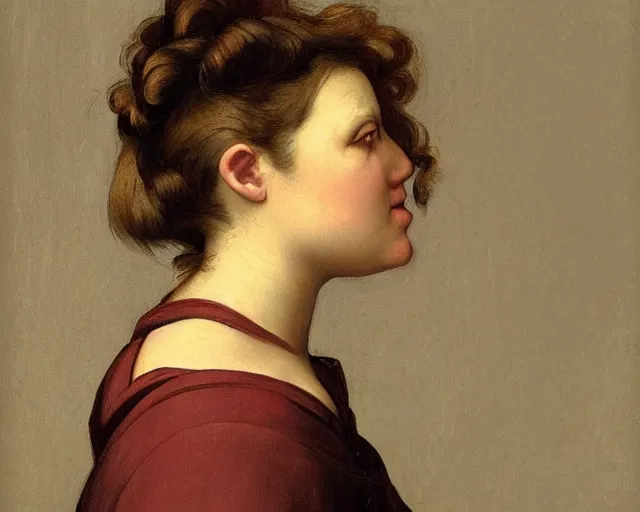 Prompt: colored portrait. the same style. a very unique profile, seen from the side, medium shot, of a woman's profile, with fat face, a straight and long nose, and huge and prominent eyes. her hair is curly. old photograph. sharp image. academicism, highly detailed, color harmony, art station, ornate, caravaggio style. old photography