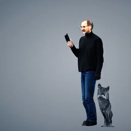 Prompt: Steve Jobs as an anthropomorphic wolf, wearing a black turtleneck and blue jeans, standing on a deep blue presentation stage, digital art