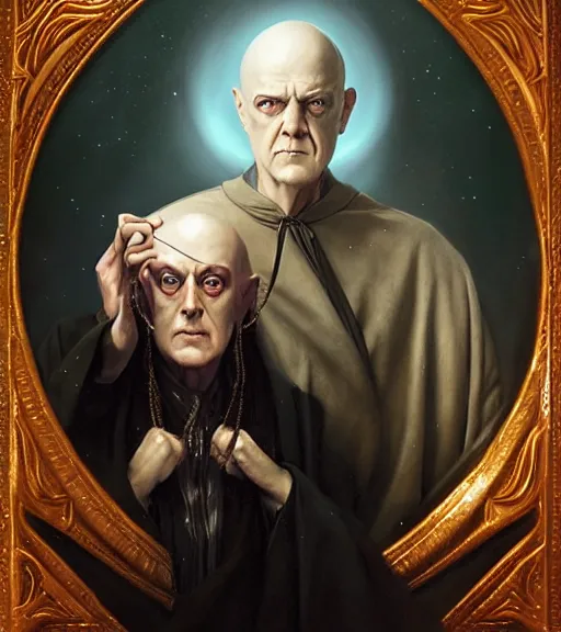 Image similar to A Magical Portrait of Aleister Crowley and the Great Mage of Thelema, art by Tom Bagshaw and Keith Parkinson and Daniel Dos Santos