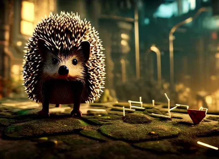 Prompt: intricate hedgehog with nails instead of needles, on the background of a weird magical mechanical forest. Very detailed 8k. Fantasy cyberpunk horror. Sharp. Cinematic post-processing. Unreal engine. Nanite. Ray tracing. Parallax. Tessellation