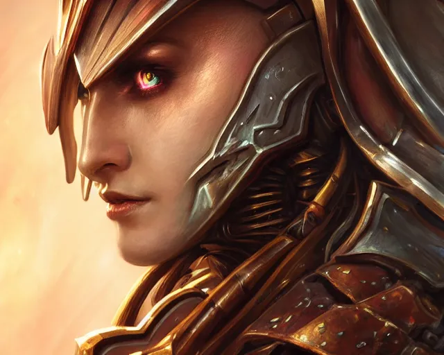 Image similar to extreme close up portrait of a aeldari in wraithbone armor, bottom up lighting, stoic, poised, deep focus, d & d, fantasy, intricate, highly detailed, digital painting, artstation, concept art, matte, sharp focus, illustration, hearthstone, art by artgerm and greg rutkowski and alphonse mucha