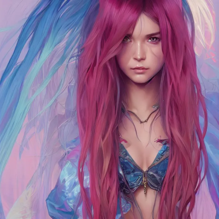 Image similar to portrait of beautiful symmetrical anime girl, rainbow hair, attractive, casual, modern, victoria's secret, highly detailed, digital painting, artstation, concept art, smooth, sharp focus, illustration, art by moebius artgerm, greg rutkowski and alphonse mucha, 8 k,