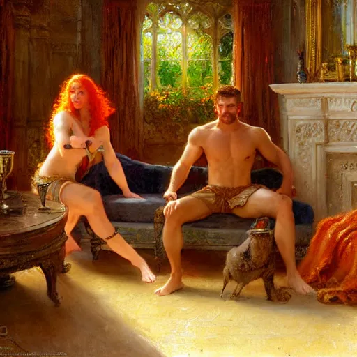 Image similar to attractive muscular mike with ginger hair with attractive tyler with brunet hair, drinking their hearts out, in their noble mansion. defined to the maximum and highly detailed painting by gaston bussiere, craig mullins 8 k