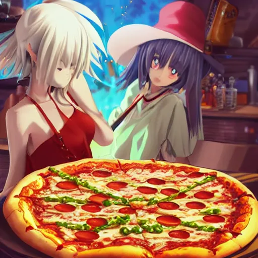 Prompt: pizza with anime toppings, anime fantasy illustration by tomoyuki yamasaki, kyoto studio, madhouse, ufotable, square enix, cinematic lighting, trending on artstation