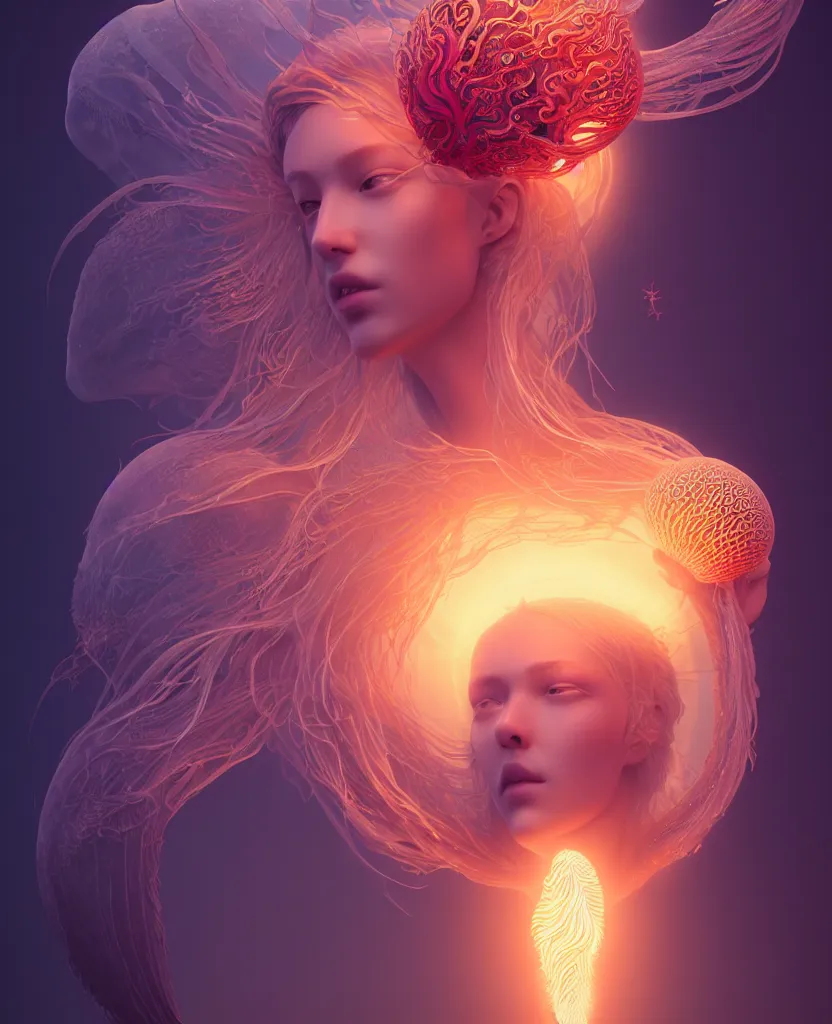 Image similar to goddess portrait. jellyfish phoenix head. intricate artwork by Tooth Wu and wlop and beeple. octane render, trending on artstation, greg rutkowski very coherent symmetrical artwork. cinematic, hyper realism, high detail, octane render, 8k