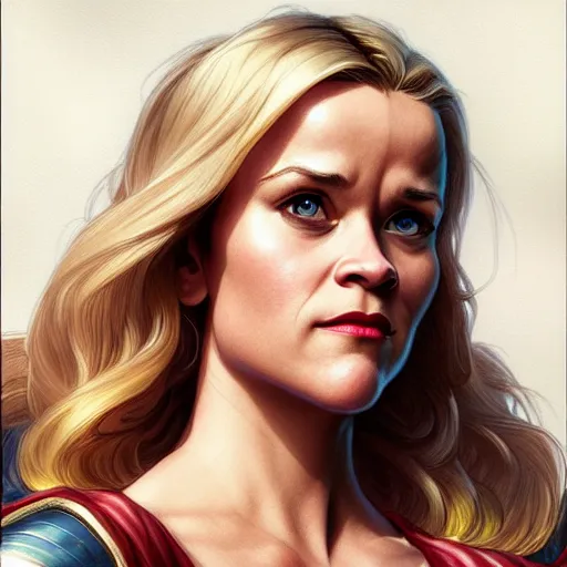 Prompt: Reese Witherspoon as Super Girl, western, D&D, fantasy, intricate, elegant, highly detailed, digital painting, artstation, concept art, matte, sharp focus, illustration, art by Artgerm and Greg Rutkowski and Alphonse Mucha